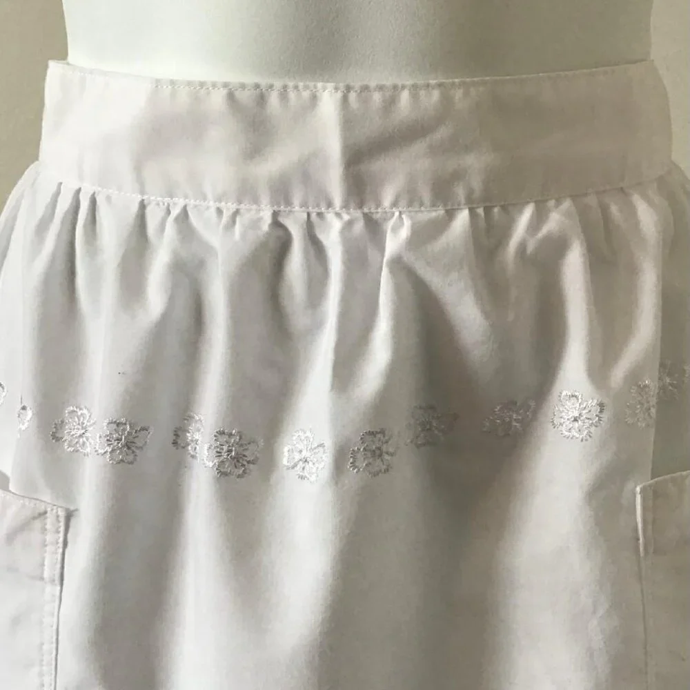 Vintage Paper White Linen Handmade Shamrock Embroidered Waist Hostess Aprons - 2